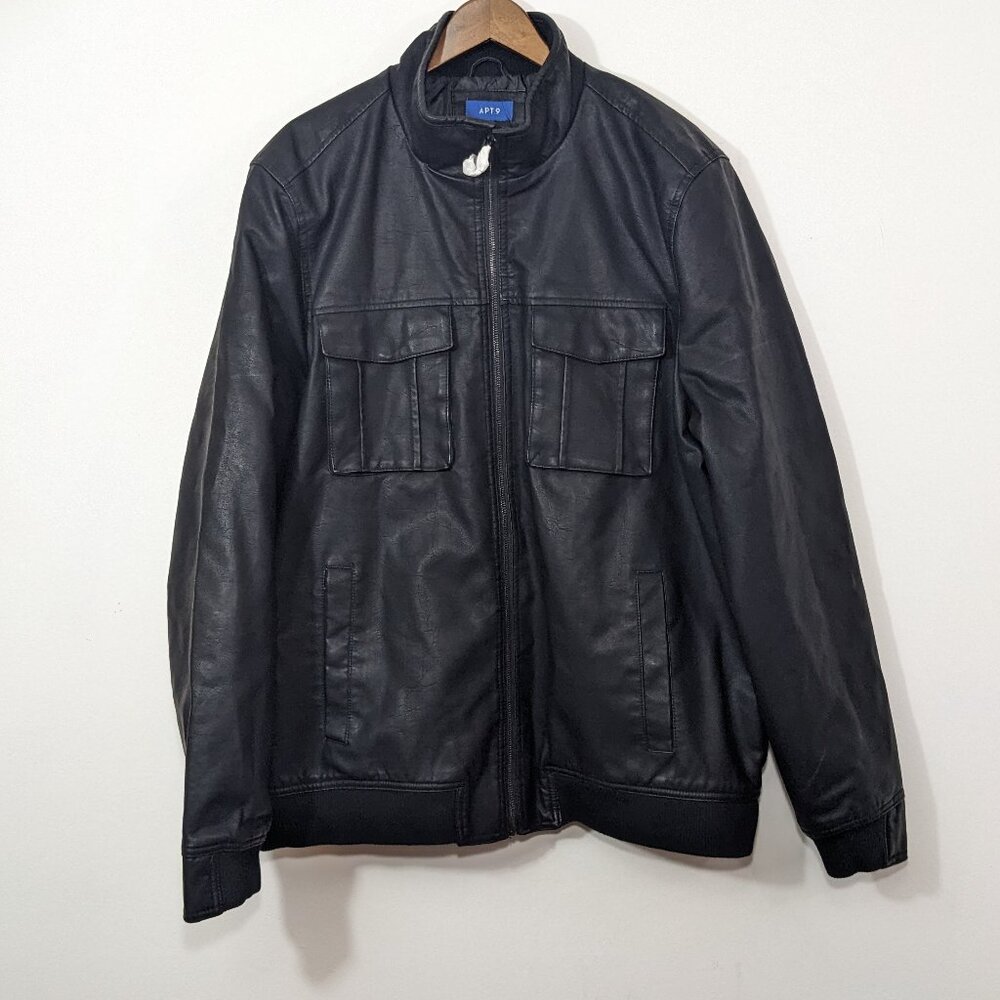 NWT Apt. 9 Men's Faux Leather Bomber Jacket Black Pockets size 2XL Tall